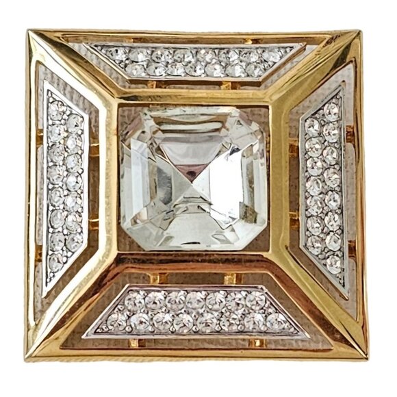 Jones New York Gold Tone Clear Rhinestone Square Open Brooch, Signed L357 - Picture 1 of 8
